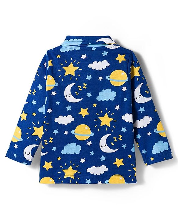 Babyhug Cotton Knit Full Sleeves Co-ords Night Suit With Star Print - Navy Blue