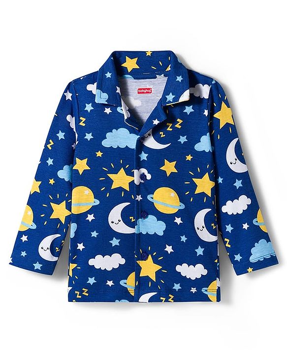 Babyhug Cotton Knit Full Sleeves Co-ords Night Suit With Star Print - Navy Blue