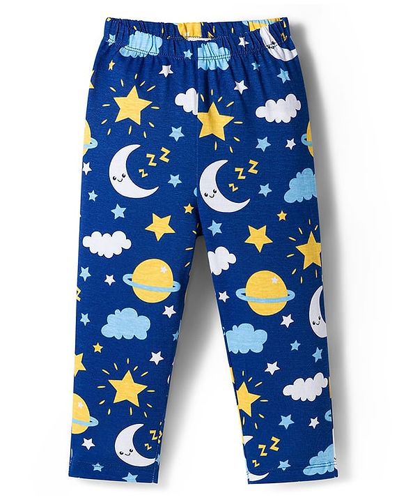 Babyhug Cotton Knit Full Sleeves Co-ords Night Suit With Star Print - Navy Blue
