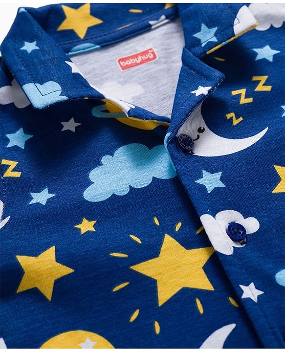 Babyhug Cotton Knit Full Sleeves Co-ords Night Suit With Star Print - Navy Blue