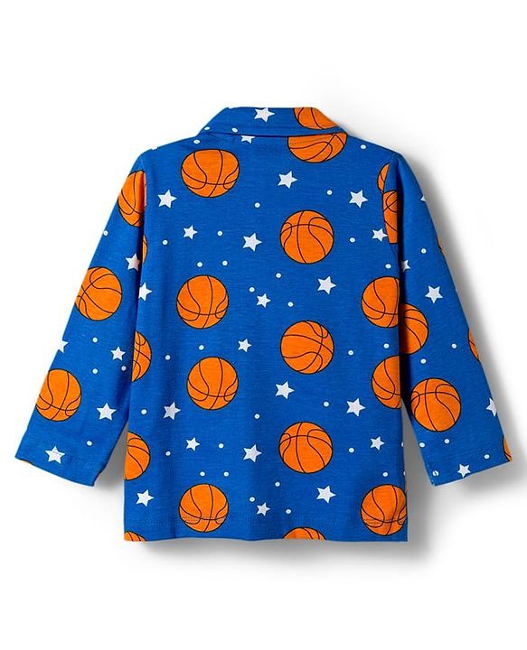 Babyhug Cotton Knit Full Sleeves Co-ords Night Suit With Basketball Print - Blue