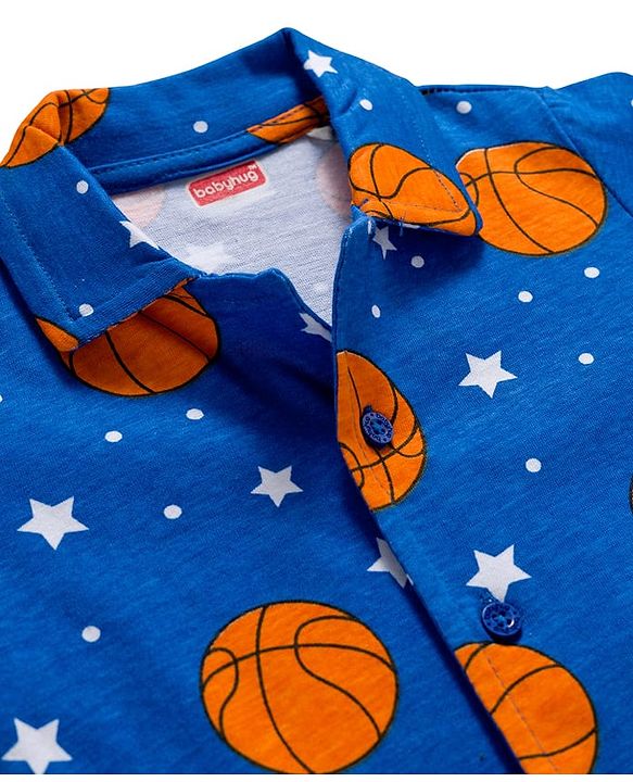 Babyhug Cotton Knit Full Sleeves Co-ords Night Suit With Basketball Print - Blue