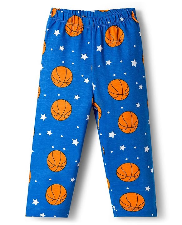 Babyhug Cotton Knit Full Sleeves Co-ords Night Suit With Basketball Print - Blue