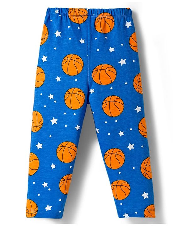 Babyhug Cotton Knit Full Sleeves Co-ords Night Suit With Basketball Print - Blue