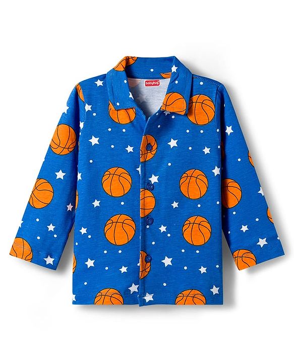 Babyhug Cotton Knit Full Sleeves Co-ords Night Suit With Basketball Print - Blue