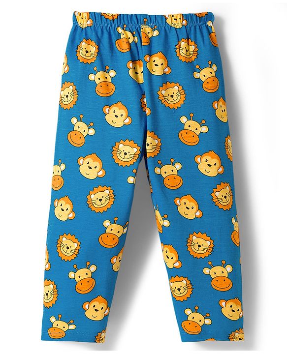 Babyhug Cotton Knit Full Sleeves Co-ords Night Suit With Animal Print - Blue