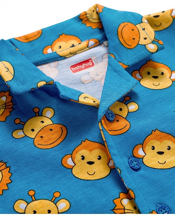 Babyhug Cotton Knit Full Sleeves Co-ords Night Suit With Animal Print - Blue