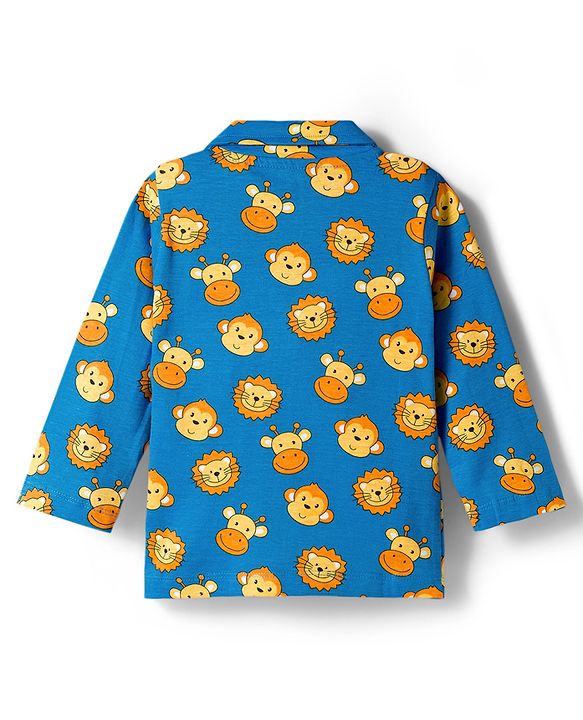 Babyhug Cotton Knit Full Sleeves Co-ords Night Suit With Animal Print - Blue