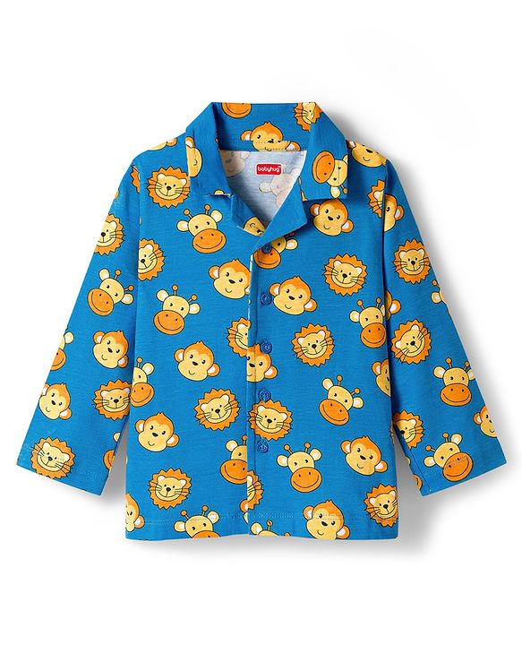 Babyhug Cotton Knit Full Sleeves Co-ords Night Suit With Animal Print - Blue