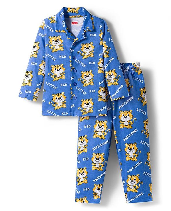 Babyhug Cotton Knit Full Sleeves Night Suit With Animal Print - Blue