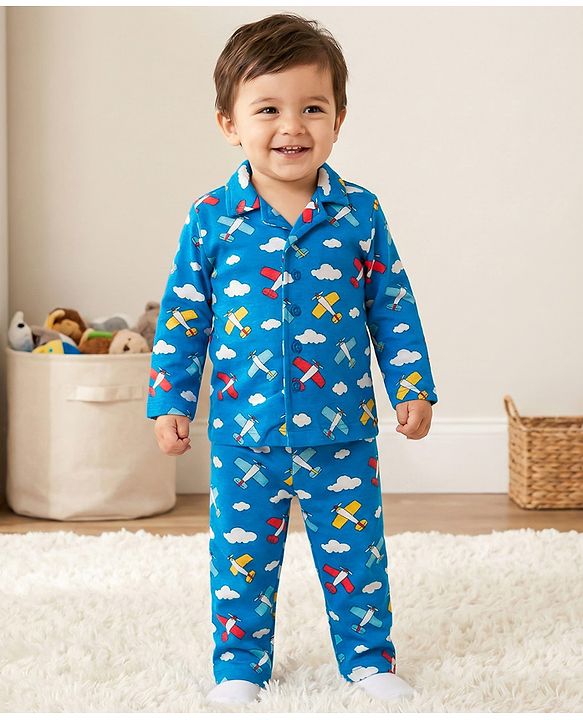 Babyhug Cotton Knit Full Sleeves Co-ords Night Suit With Aeroplane Print - Blue