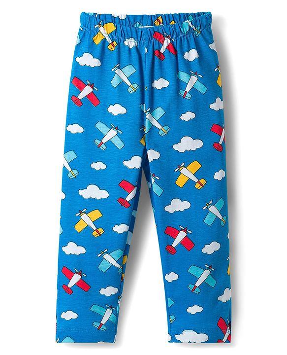Babyhug Cotton Knit Full Sleeves Co-ords Night Suit With Aeroplane Print - Blue