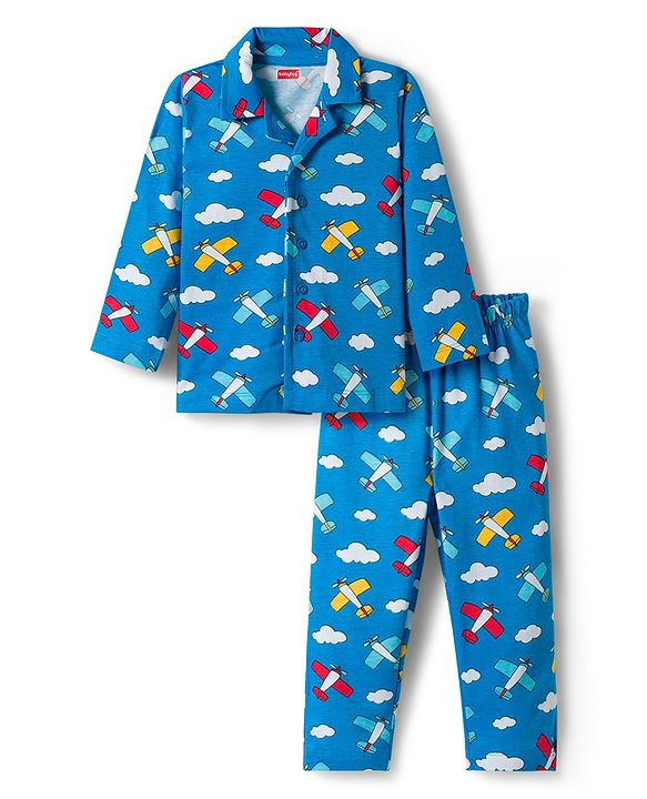 Babyhug Cotton Knit Full Sleeves Co-ords Night Suit With Aeroplane Print - Blue