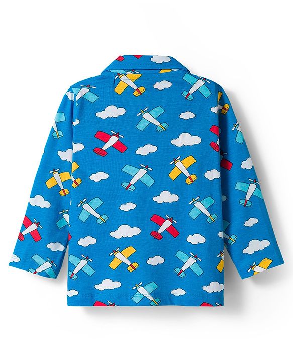 Babyhug Cotton Knit Full Sleeves Co-ords Night Suit With Aeroplane Print - Blue
