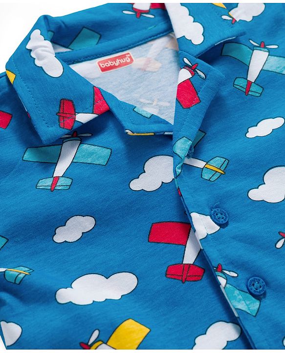 Babyhug Cotton Knit Full Sleeves Co-ords Night Suit With Aeroplane Print - Blue