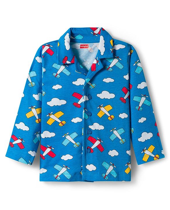 Babyhug Cotton Knit Full Sleeves Co-ords Night Suit With Aeroplane Print - Blue