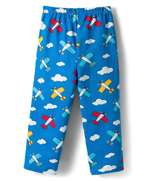 Babyhug Cotton Knit Full Sleeves Co-ords Night Suit With Aeroplane Print - Blue
