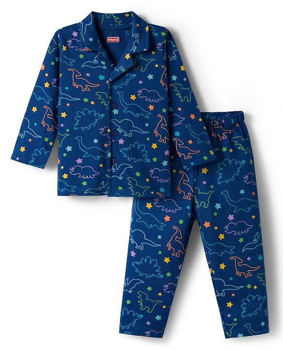 Babyhug Cotton Knit Full Co-ords Night Suit With Dino Print - Navy Blue