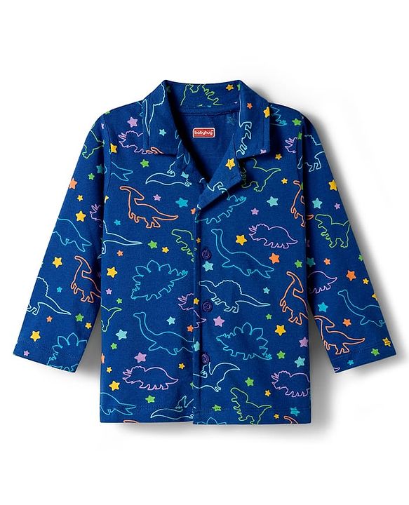 Babyhug Cotton Knit Full Co-ords Night Suit With Dino Print - Navy Blue