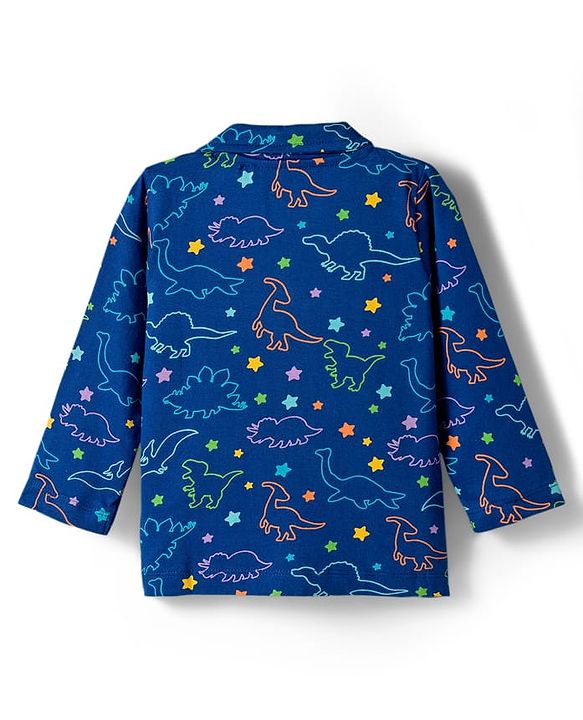 Babyhug Cotton Knit Full Co-ords Night Suit With Dino Print - Navy Blue