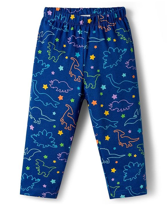 Babyhug Cotton Knit Full Co-ords Night Suit With Dino Print - Navy Blue