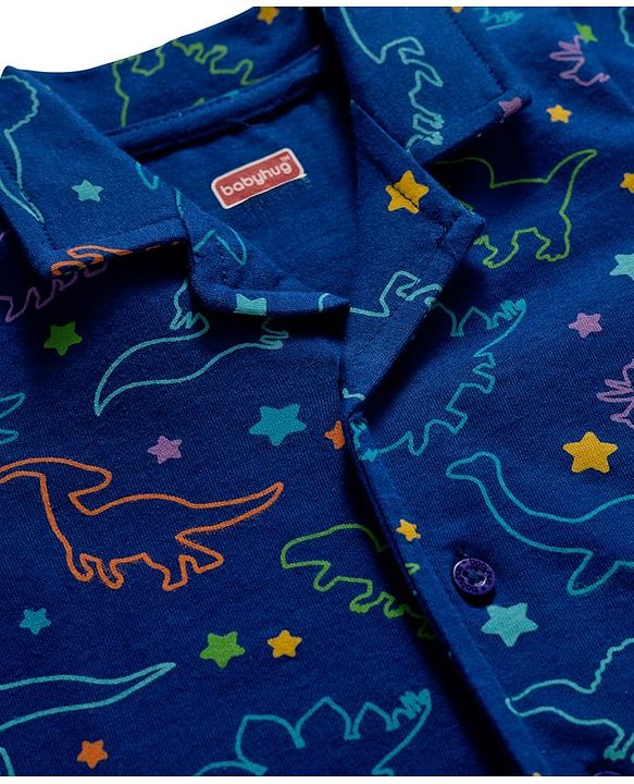 Babyhug Cotton Knit Full Co-ords Night Suit With Dino Print - Navy Blue