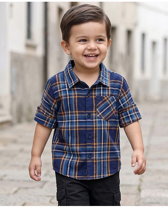 Babyhug Cotton Woven Full Sleeves Shirts With Checks - Navy Blue