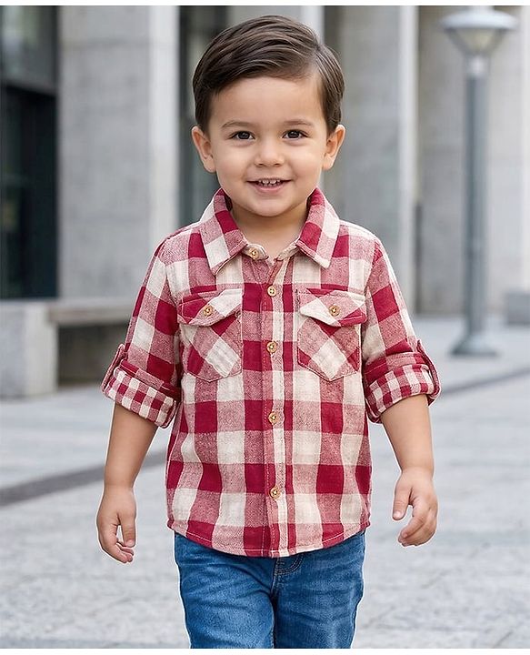 Babyhug Cotton Woven Full Sleeves Double Cloth Checks Shirt - Red