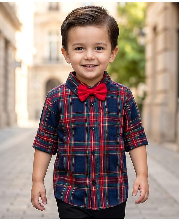 Babyhug Cotton Woven Full Sleeves Checks Shirt With Bow - Navy Blue & Red