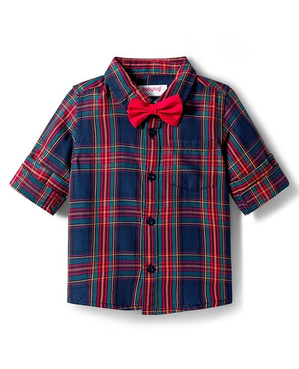 Babyhug Cotton Woven Full Sleeves Checks Shirt With Bow - Navy Blue & Red