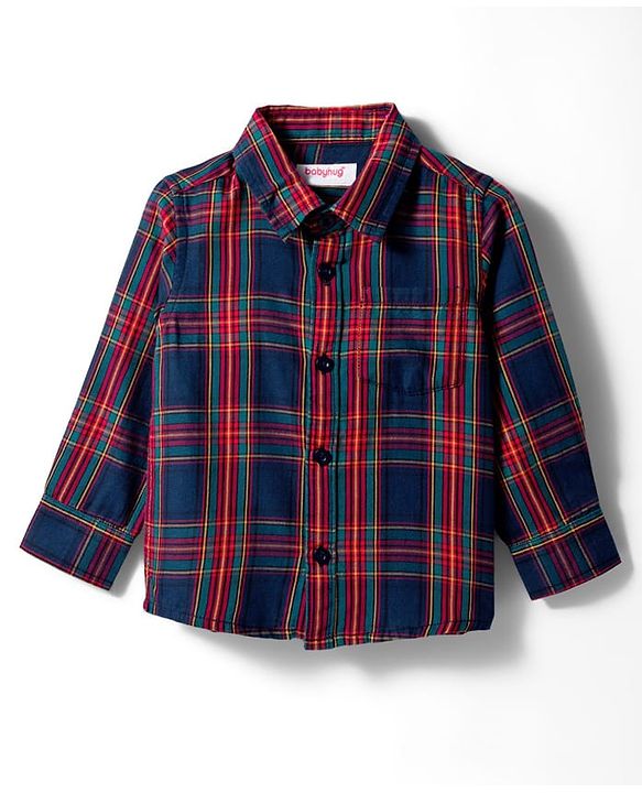Babyhug Cotton Woven Full Sleeves Checks Shirt With Bow - Navy Blue & Red