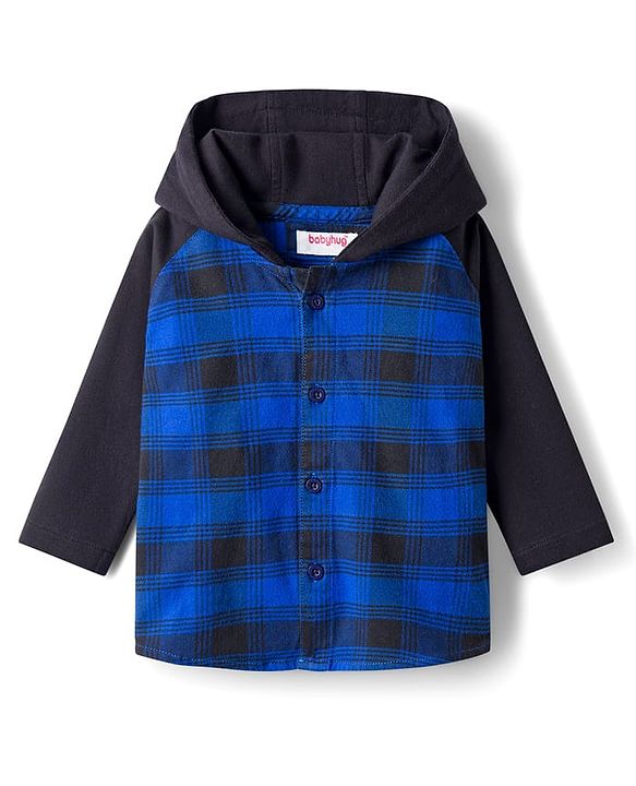 Babyhug Cotton Woven Full Sleeves Hooded Shirt With Checks - Blue