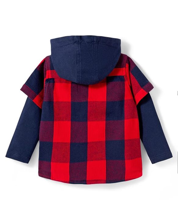 Babyhug Cotton Woven Full Doctor Sleeves Hooded Shirt with Checks -  Red