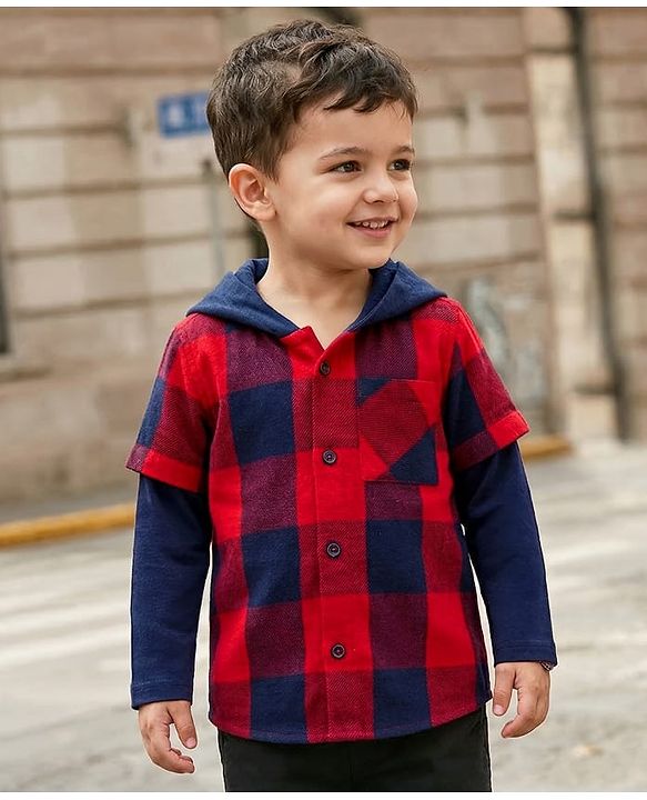 Babyhug Cotton Woven Full Doctor Sleeves Hooded Shirt with Checks -  Red