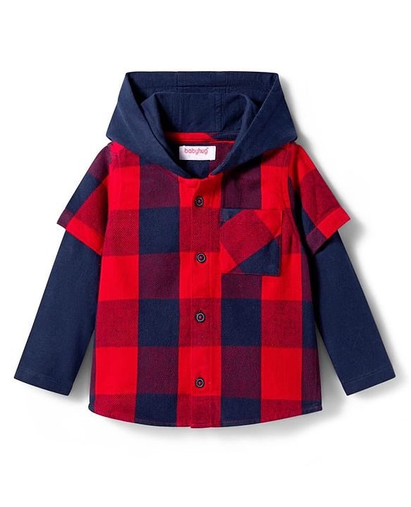 Babyhug Cotton Woven Full Doctor Sleeves Hooded Shirt with Checks -  Red