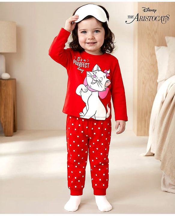Babyhug Disney Single Jersey Knit Full Sleeves Night Suit With Marie Graphics - Red