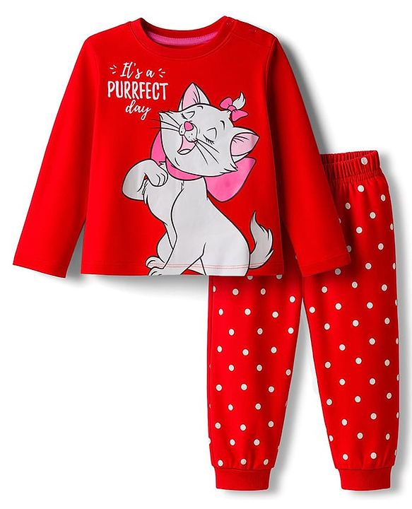Babyhug Disney Single Jersey Knit Full Sleeves Night Suit With Marie Graphics - Red