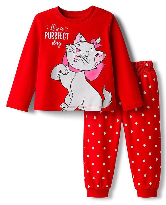 Babyhug Disney Single Jersey Knit Full Sleeves Night Suit With Marie Graphics - Red