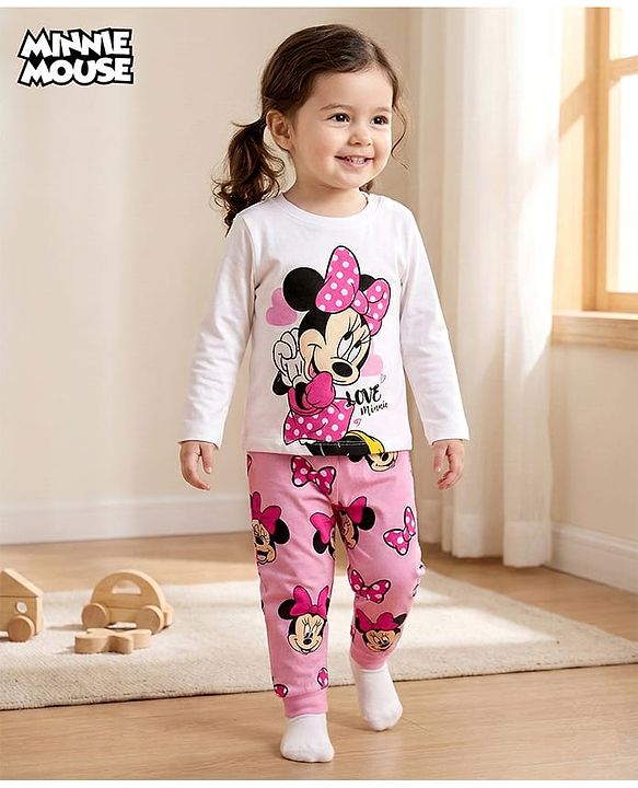 Babyhug Disney Single Jersey Knit Full Sleeves Night Suit With Minnie Mouse Graphics - White & Pink