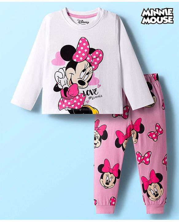 Babyhug Disney Single Jersey Knit Full Sleeves Night Suit With Minnie Mouse Graphics - White & Pink