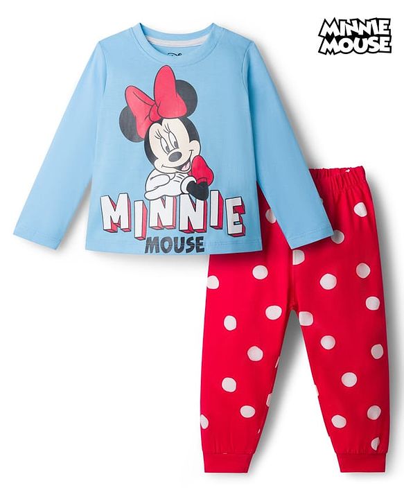 Babyhug Disney Single Jersey Knit Full Sleeves Night Suit With Minnie Mouse Graphics - Light Blue & Red