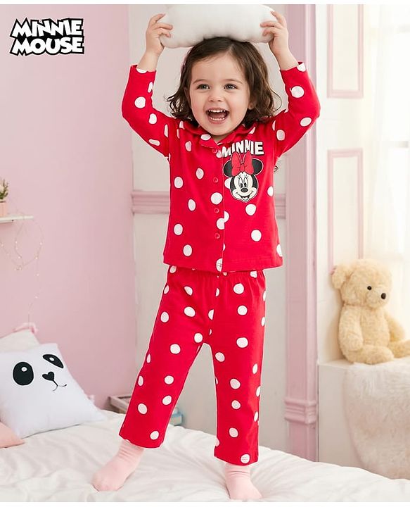 Babyhug Disney Single Jersey Knit Full Sleeves Night Suit With Minnie Mouse Graphics - Red