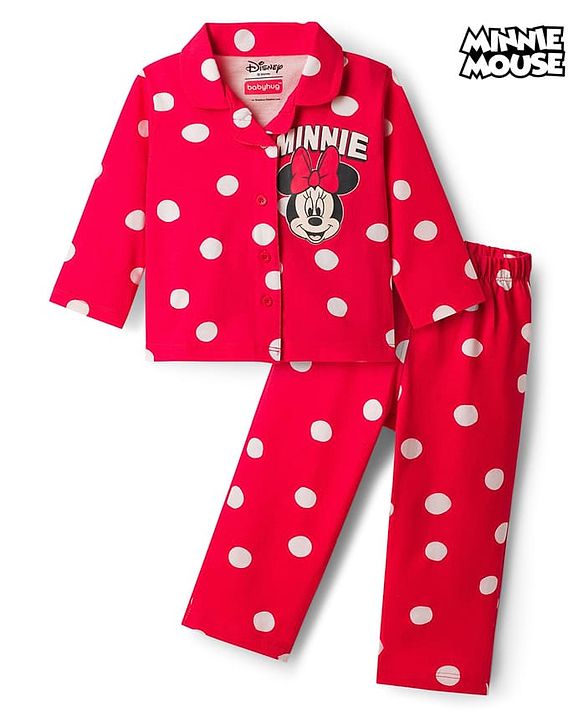 Babyhug Disney Single Jersey Knit Full Sleeves Night Suit With Minnie Mouse Graphics - Red