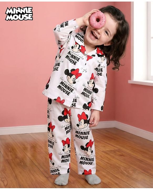 Babyhug Disney Single Jersey Knit Full Sleeves Co-ord Night Suit With Minnie Mouse Print - White