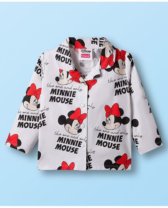 Babyhug Disney Single Jersey Knit Full Sleeves Co-ord Night Suit With Minnie Mouse Print - White