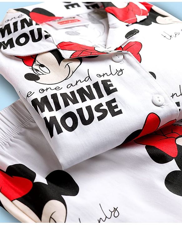 Babyhug Disney Single Jersey Knit Full Sleeves Co-ord Night Suit With Minnie Mouse Print - White