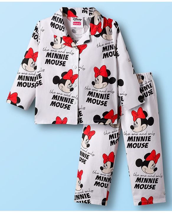 Babyhug Disney Single Jersey Knit Full Sleeves Co-ord Night Suit With Minnie Mouse Print - White