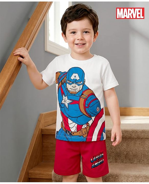 Babyhug Marvel Single Jersey Knit Half Sleeves Shorts Night Suit With Captain America Graphics - Red & White