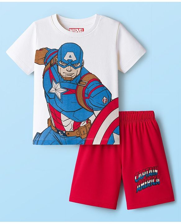 Babyhug Marvel Single Jersey Knit Half Sleeves Shorts Night Suit With Captain America Graphics - Red & White