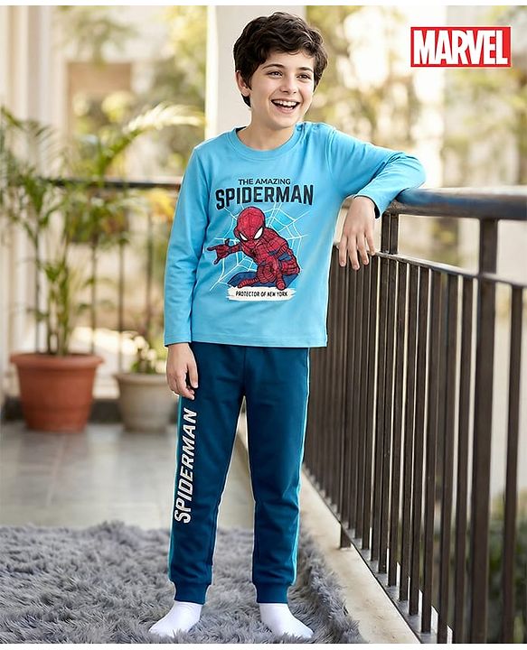 Babyhug Marvel Single Jersey Knit Full Sleeves Night Suit with Spider-Man Graphics - Light & Teal Blue